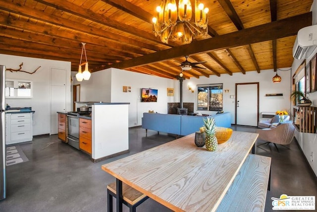 dining room featuring wood ceiling, a wall unit AC, a wood stove, ceiling fan with notable chandelier, and lofted ceiling with beams