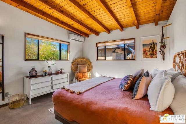 carpeted bedroom with wooden ceiling, a wall mounted AC, and lofted ceiling with beams