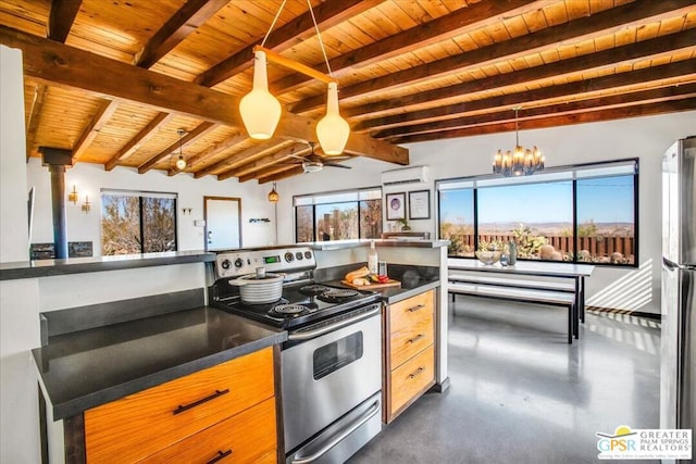 kitchen with a wall unit AC, appliances with stainless steel finishes, wood ceiling, and lofted ceiling with beams