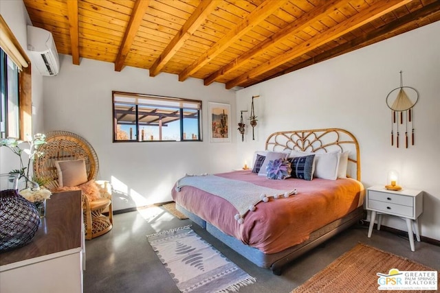 bedroom with wooden ceiling, beam ceiling, and a wall mounted air conditioner