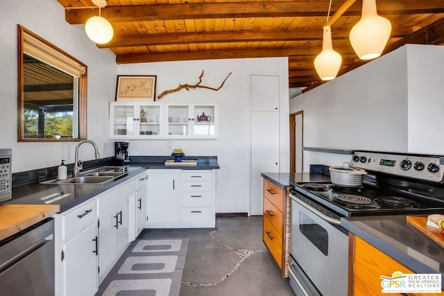 kitchen with white cabinets, wood ceiling, sink, and stainless steel appliances