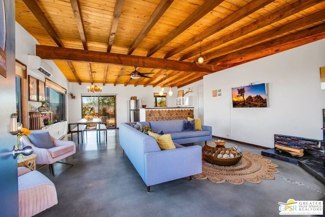 living room featuring an AC wall unit, lofted ceiling with beams, wood ceiling, concrete flooring, and ceiling fan with notable chandelier