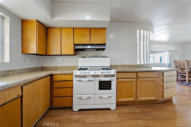 kitchen featuring light wood-type flooring and white gas range oven