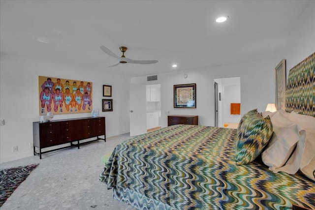 bedroom featuring connected bathroom and ceiling fan