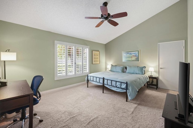 bedroom with ceiling fan, high vaulted ceiling, light carpet, and a textured ceiling