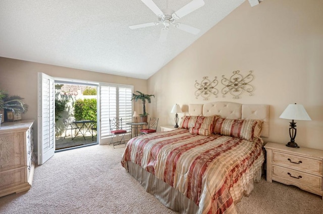 bedroom featuring a textured ceiling, access to outside, ceiling fan, and light colored carpet