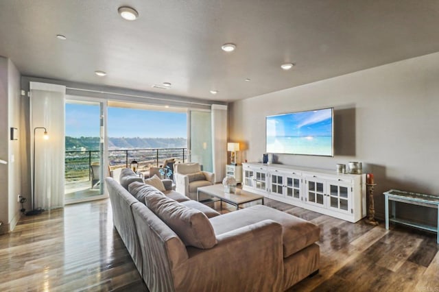 living room featuring recessed lighting and wood finished floors