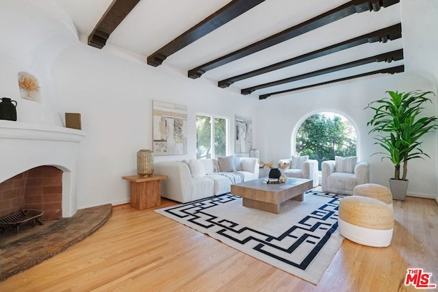 living room featuring beam ceiling, a wealth of natural light, and wood-type flooring