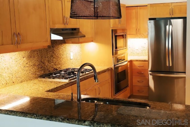 kitchen with sink, decorative backsplash, dark stone countertops, and stainless steel appliances