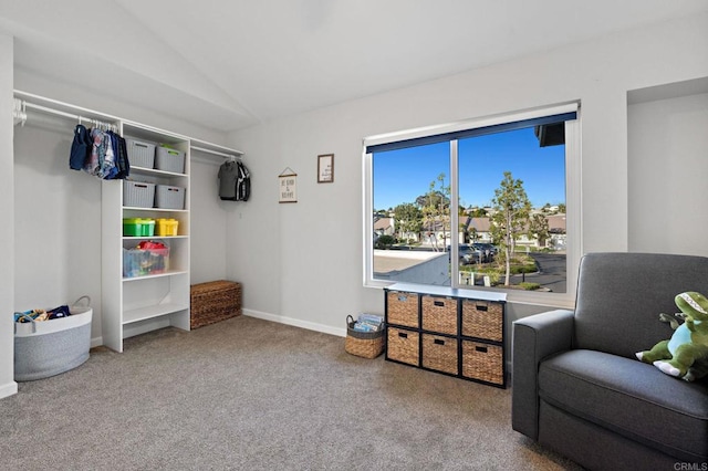 living area featuring carpet floors and vaulted ceiling