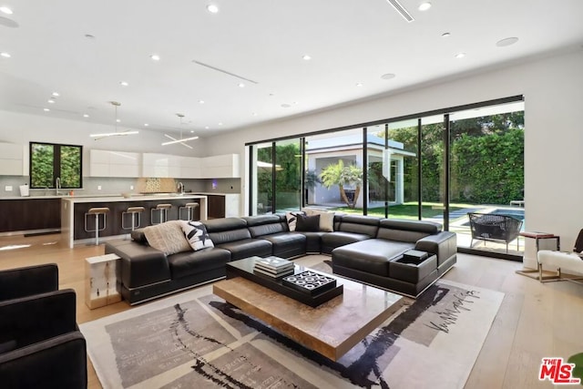 living room with sink and light hardwood / wood-style flooring