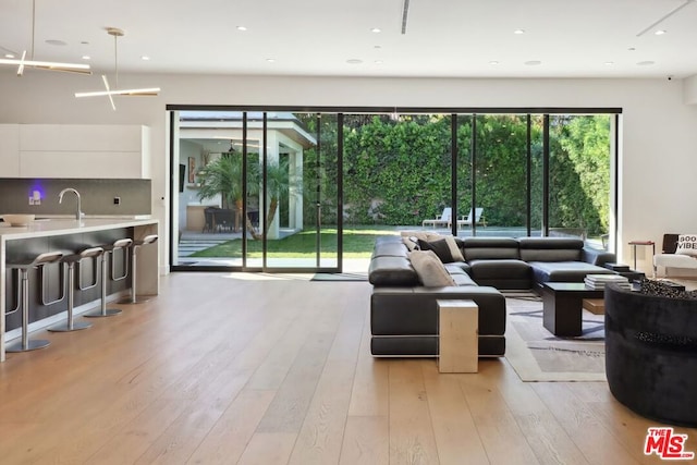 living room featuring light wood-type flooring and sink