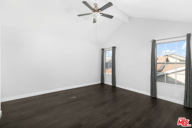 spare room featuring vaulted ceiling with beams, ceiling fan, and dark wood-type flooring