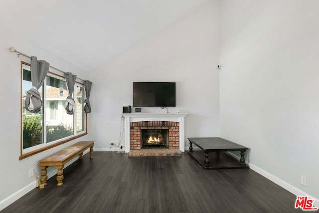 living room with a fireplace, dark hardwood / wood-style floors, and high vaulted ceiling