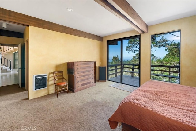 bedroom with carpet, heating unit, beamed ceiling, and access to outside