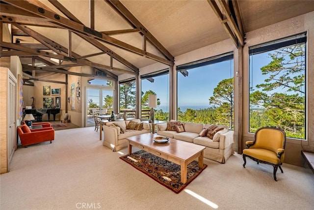 sunroom featuring vaulted ceiling with beams and a healthy amount of sunlight