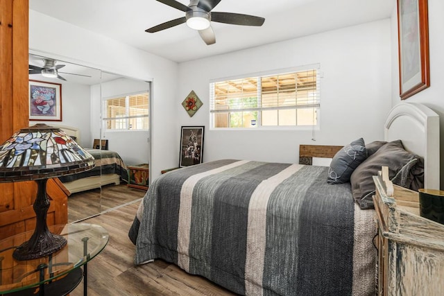 bedroom featuring ceiling fan, a closet, and hardwood / wood-style flooring