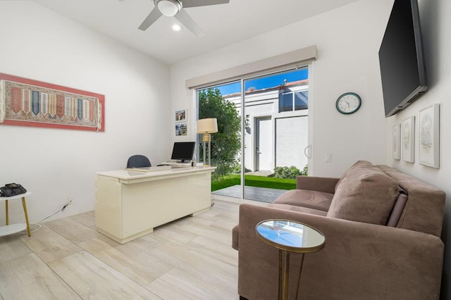 office area featuring ceiling fan and light hardwood / wood-style floors