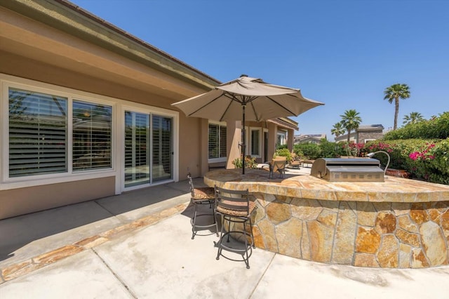 view of patio with an outdoor kitchen, a grill, and an outdoor bar