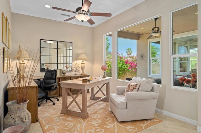 office area with ceiling fan, light tile patterned floors, and crown molding