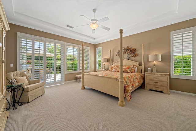 bedroom with access to exterior, ceiling fan, crown molding, and light colored carpet