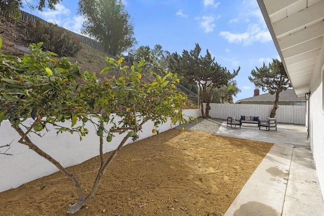 view of yard with an outdoor living space and a patio