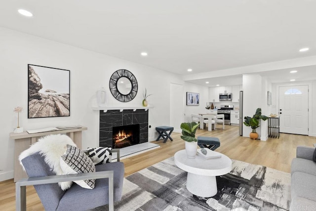 living room featuring a fireplace and light wood-type flooring