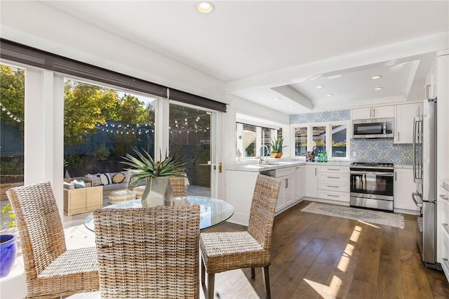 kitchen featuring hardwood / wood-style floors, appliances with stainless steel finishes, a raised ceiling, tasteful backsplash, and white cabinets