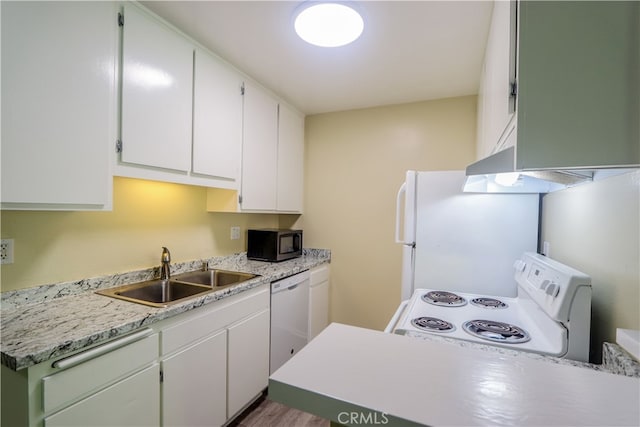 kitchen with white appliances, wood-type flooring, sink, white cabinetry, and exhaust hood