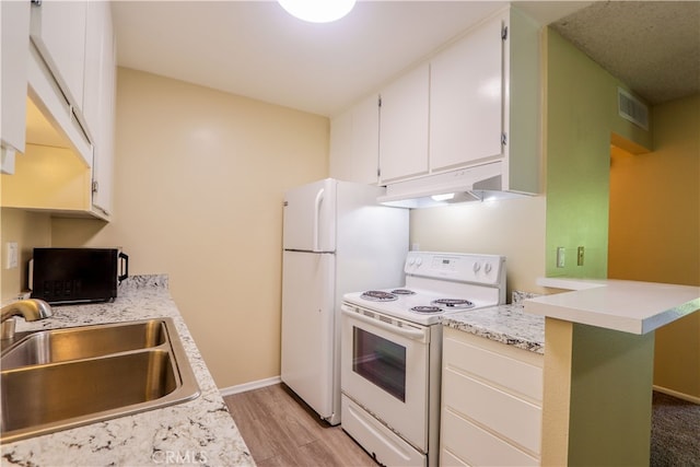 kitchen featuring kitchen peninsula, sink, white electric stove, white cabinetry, and light hardwood / wood-style floors