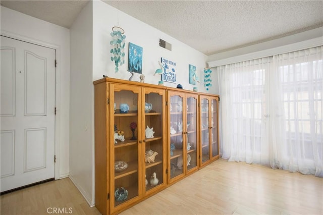 miscellaneous room with a textured ceiling and light hardwood / wood-style floors