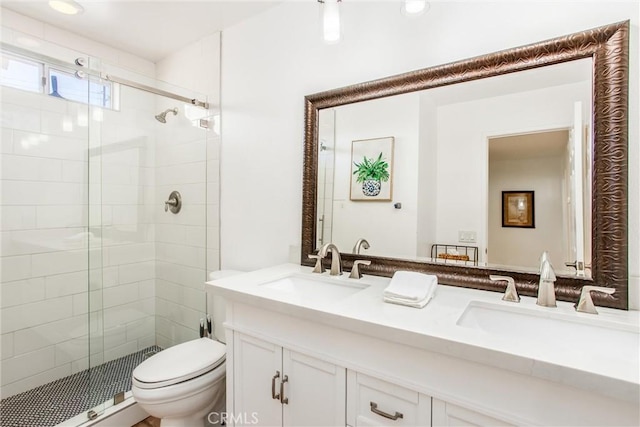 bathroom with vanity, toilet, and walk in shower