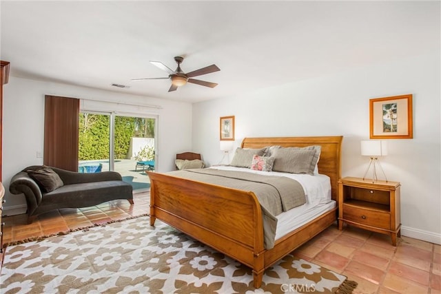 bedroom featuring access to outside and ceiling fan