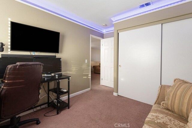 office space with carpet flooring and crown molding