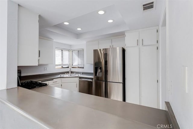 kitchen with a tray ceiling, sink, white cabinets, and appliances with stainless steel finishes