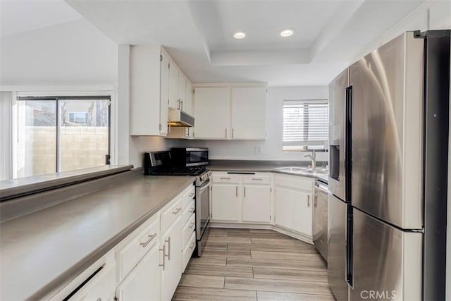 kitchen featuring light wood-type flooring, white cabinetry, sink, and appliances with stainless steel finishes