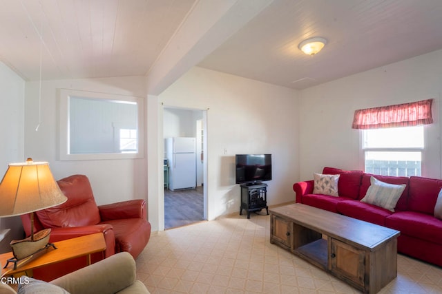 living room featuring lofted ceiling