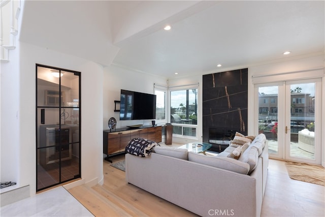 living room with a large fireplace, crown molding, and light wood-type flooring