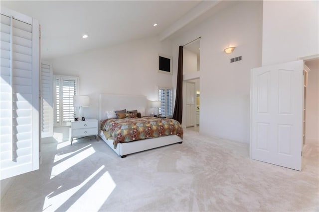 6218 Tobruk Ct, Long Beach, CA 90803 - carpeted bedroom featuring high vaulted ceiling and beamed ceiling
