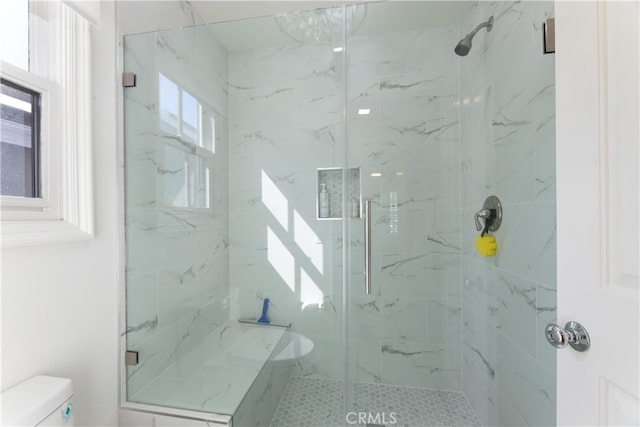 bathroom featuring toilet, a healthy amount of sunlight, and walk in shower