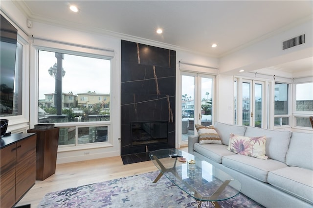 living room with a wealth of natural light, ornamental molding, light hardwood / wood-style flooring, and a fireplace