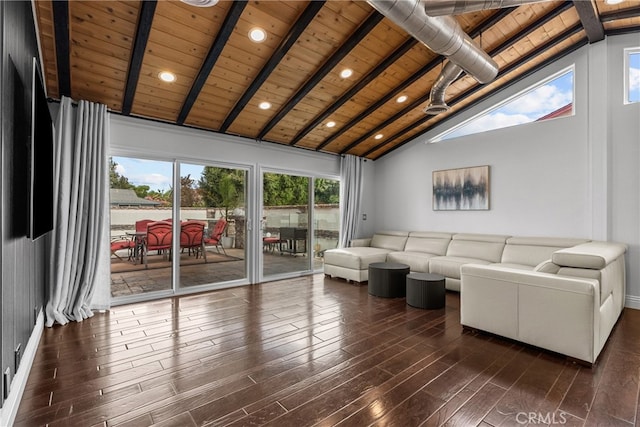 living room with dark hardwood / wood-style flooring, beamed ceiling, high vaulted ceiling, and wooden ceiling