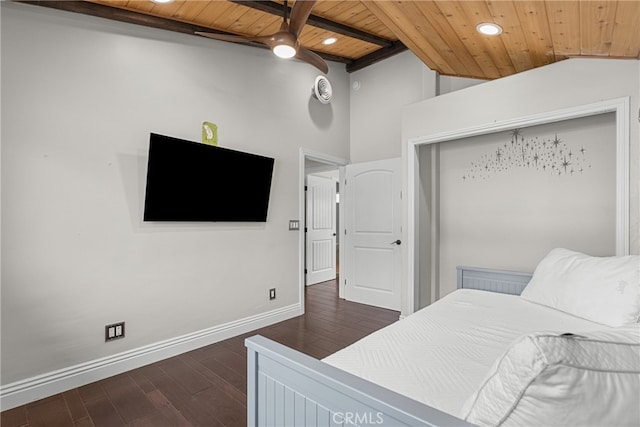 bedroom with wood ceiling, lofted ceiling, and dark hardwood / wood-style flooring