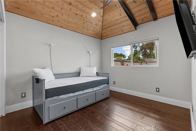 living area with beam ceiling, high vaulted ceiling, wooden ceiling, and dark hardwood / wood-style flooring