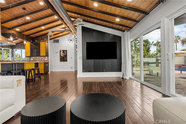 living room featuring dark hardwood / wood-style floors, lofted ceiling with beams, and wooden ceiling