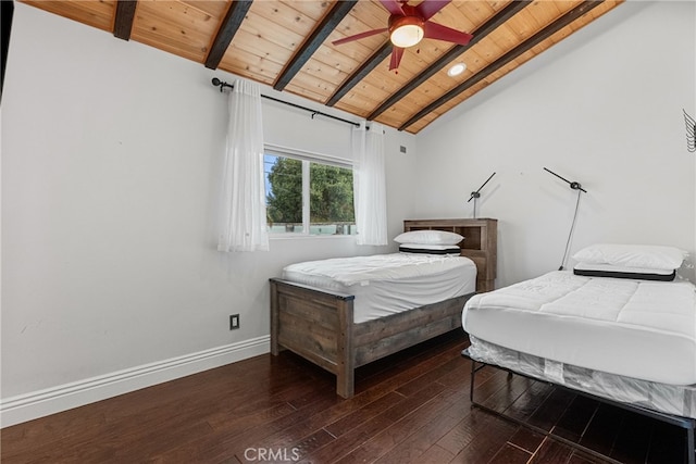 bedroom featuring vaulted ceiling with beams, ceiling fan, wood ceiling, and dark hardwood / wood-style flooring