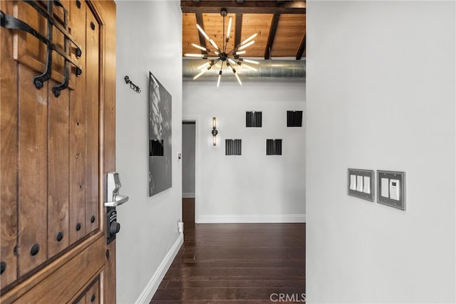 hallway featuring beam ceiling, dark hardwood / wood-style flooring, and wooden ceiling