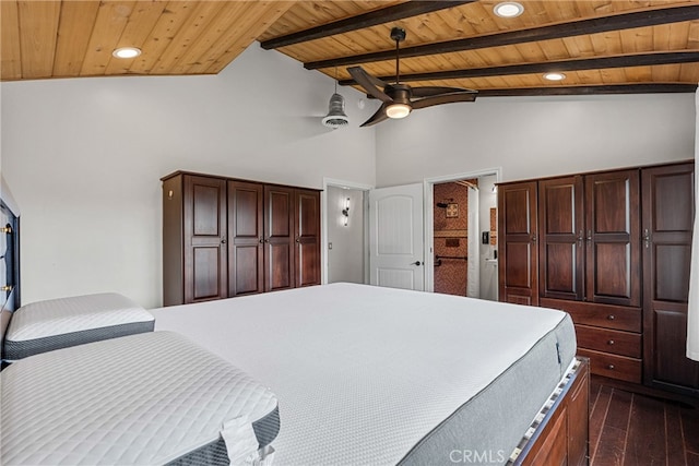 bedroom featuring beam ceiling, high vaulted ceiling, wooden ceiling, and dark hardwood / wood-style floors