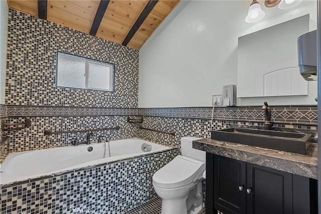 bathroom with wooden ceiling, toilet, vaulted ceiling with beams, vanity, and tiled bath