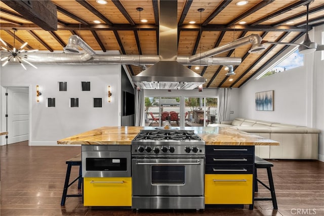 kitchen featuring appliances with stainless steel finishes, a breakfast bar area, wood ceiling, and a kitchen island